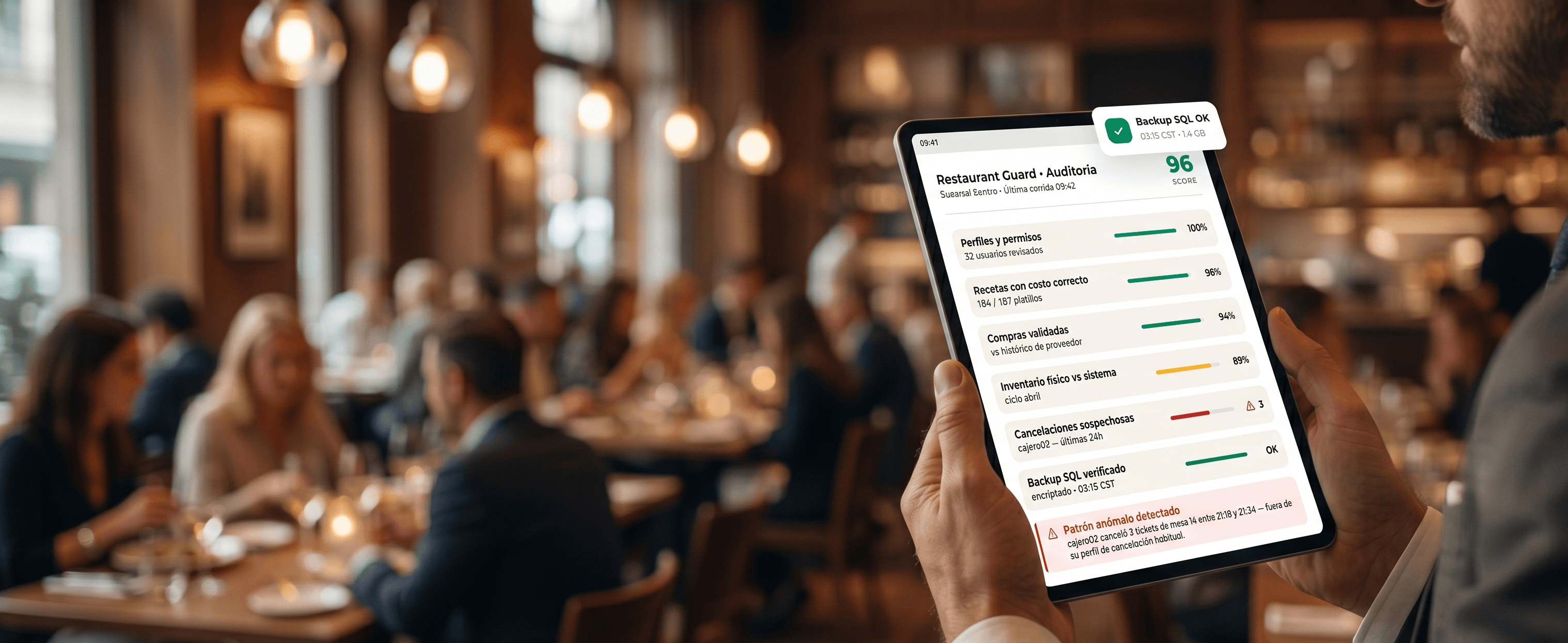 Gerente de restaurante revisando auditoría operativa en tablet con SoftRestaurant